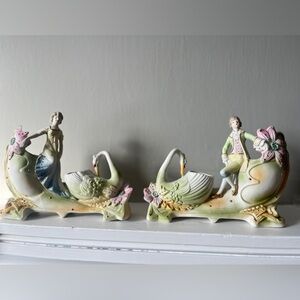 Vintage Occupied Japan Porcelain Bisque Figurine Vases- Set of 2- Swan Design